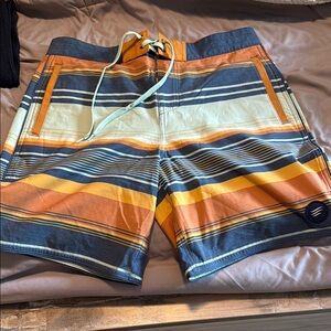 Men's Striped Swim Shorts - Orange, Blue, White